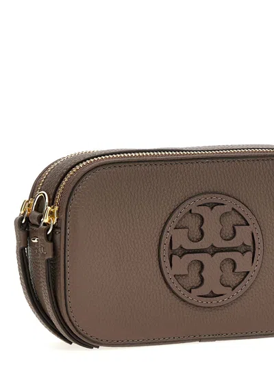 Tory Burch Leather Shoulder Bag With Frontal Logo In Beige