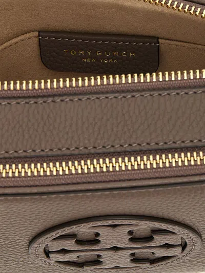 Tory Burch Leather Shoulder Bag With Frontal Logo In Beige