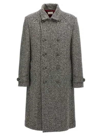 Brunello Cucinelli Men One-and-a-half-breasted Coat In Herringbone Virgin Wool In White/black