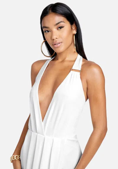 Bebe Asymmetrical Halter Neck Slinky Dress In Egret