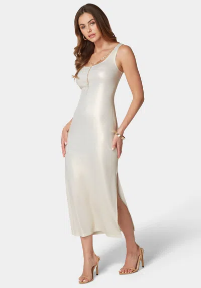 Bebe X Ciara Foil Rib Maxi With Chain Detail In Gold