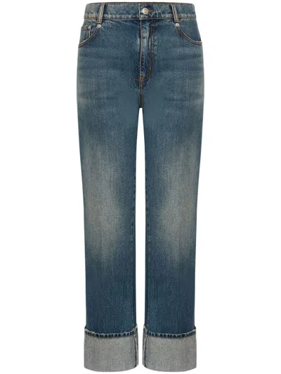 Alexander Mcqueen Whiskering Detail High Rise Cuffed Straight Leg Jeans