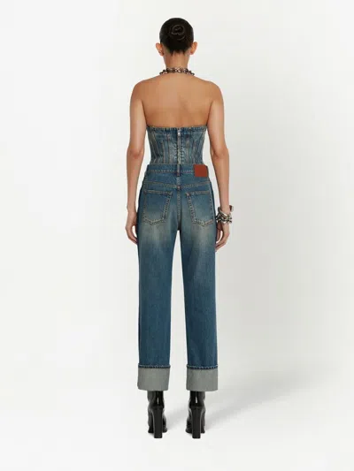 Alexander Mcqueen Whiskering Detail High Rise Cuffed Straight Leg Jeans
