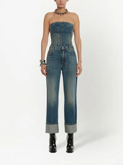 Alexander Mcqueen Whiskering Detail High Rise Cuffed Straight Leg Jeans