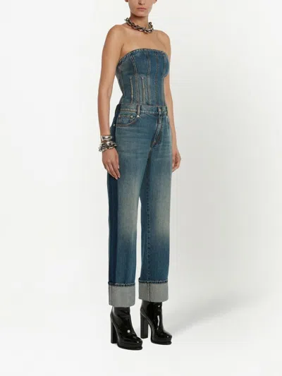 Alexander Mcqueen Whiskering Detail High Rise Cuffed Straight Leg Jeans