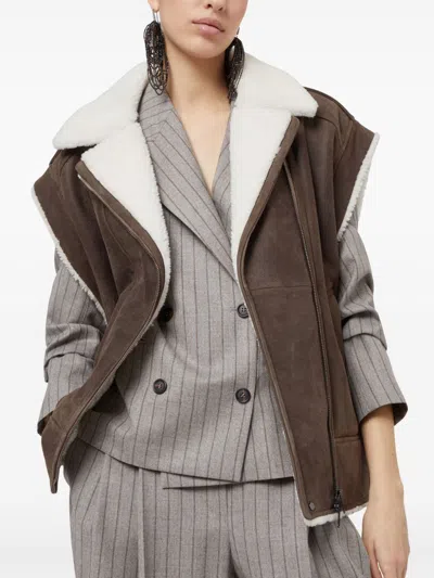 Shop Brunello Cucinelli Shearling Sleeveless Biker Jacket