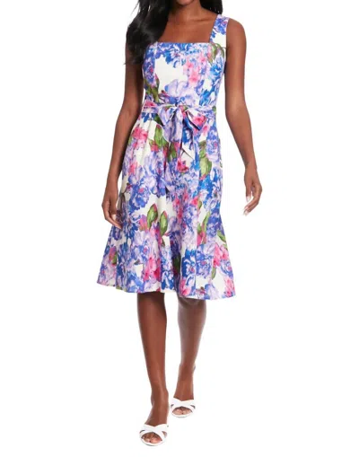 London Times Carmella Floral Linen Dress In Ivory/lilac In Multi