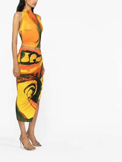 Louisa Ballou Yellow Coastline Checkmate Print Wrap Midi Skirt