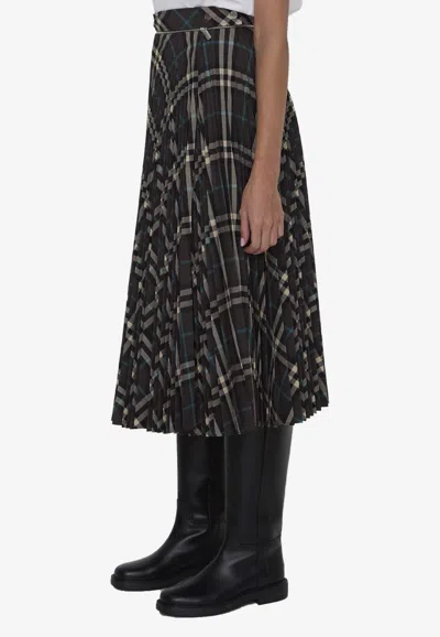 Burberry Long Multicolor Pleated Skirt With Check Motif In Wool Blend Woman In Black