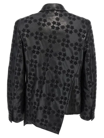 Comme Des Garçons Floral Embroidered Asymmetric Faux Leather Jacket In Black