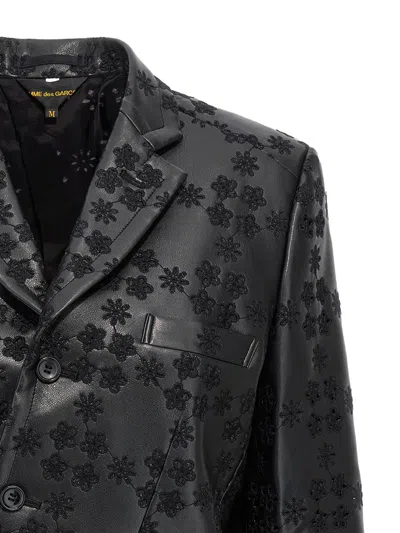 Comme Des Garçons Floral Embroidered Asymmetric Faux Leather Jacket In Black