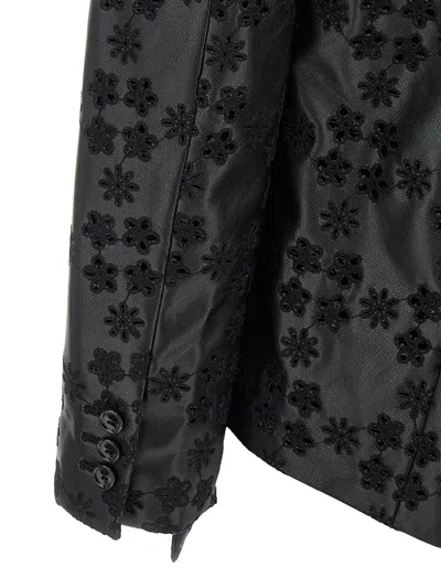 Comme Des Garçons Floral Embroidered Asymmetric Faux Leather Jacket In Black