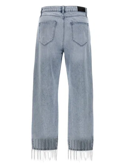 Karl Lagerfeld Crystal Embellished Fringed Denim With Pockets And Belt Loops In Blue