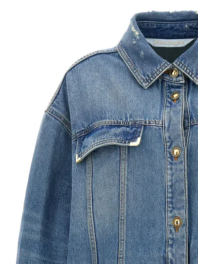 Palm Angels Distressed Logo Jacket Featuring Pockets In Blue