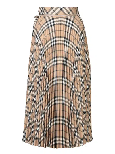 Burberry Wool Blend Pleated Check Skirt Skirts Beige In Beige