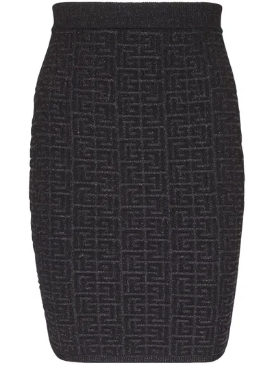 Balmain Women's Monogram Glitter Midi Skirt In Black