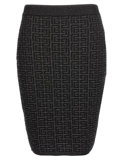 Balmain Women's Monogram Glitter Midi Skirt In Black