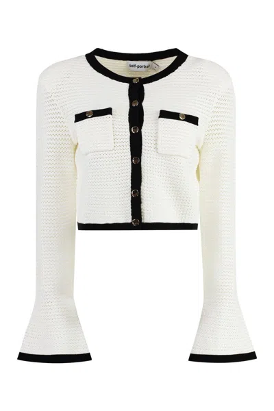Self-portrait Crochet Cropped Cardigan In White