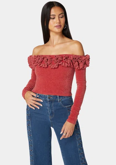 Bebe Off Shoulder Ruffle Detail Sweater In Astro Dust
