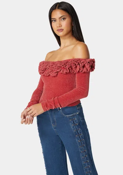 Bebe Off Shoulder Ruffle Detail Sweater In Astro Dust