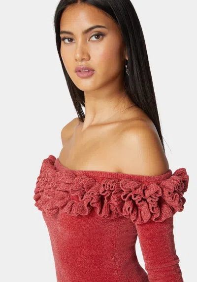 Bebe Off Shoulder Ruffle Detail Sweater In Astro Dust