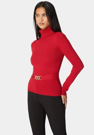 Bebe Fitted Turtle Neck Ornate Belt Sweater In Salsa
