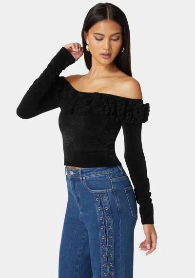 Bebe Off Shoulder Ruffle Detail Sweater In Black
