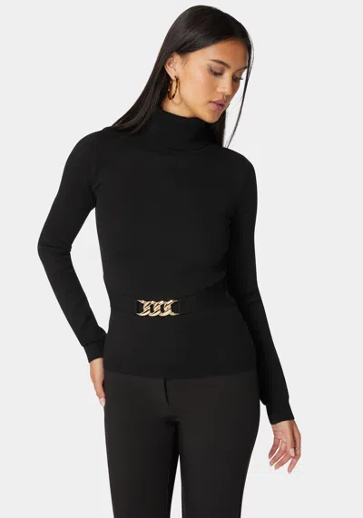 Bebe Fitted Turtle Neck Ornate Belt Sweater In Black