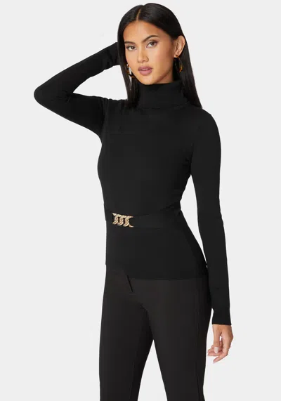 Bebe Fitted Turtle Neck Ornate Belt Sweater In Black
