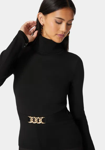 Bebe Fitted Turtle Neck Ornate Belt Sweater In Black