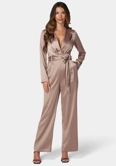Bebe Satin Blazer Jumpsuit In Cappuccino