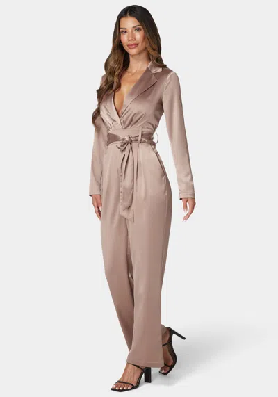 Bebe Satin Blazer Jumpsuit In Cappuccino