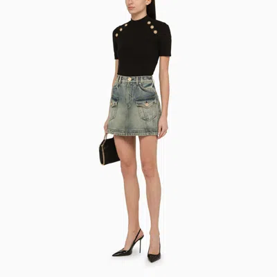 Shop Balmain Washed-out Denim Miniskirt In Blue