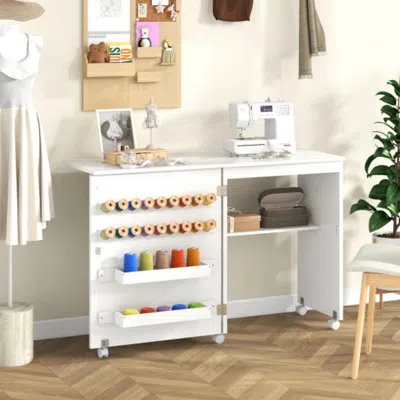 Hivvago Folding Sewing Table With Storage Shelf And 5 Lockable Wheels-natural