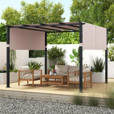 Hivvago 10 X 10 Ft Flat Top Pergola With Retractable Canopy For Garden Pool Porch And Backyard-beige