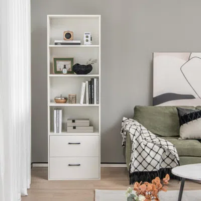 Hivvago 6-tier Tall Freestanding Bookshelf With 4 Open Shelves And 2 Drawers-white