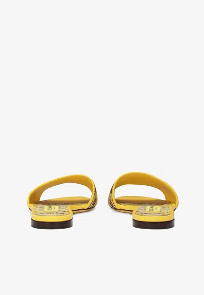Dolce & Gabbana Yellow Sliders With Embroidered Majolica Pattern In Cotton And Leather Woman In Yellow