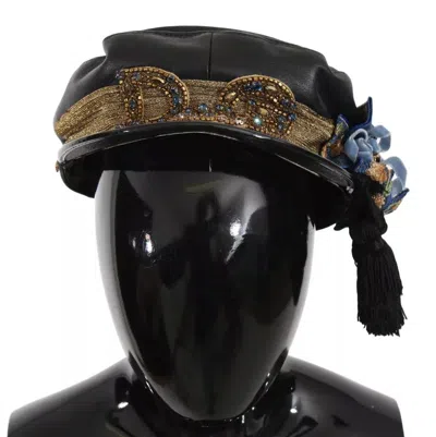 Dolce & Gabbana Black Leather Crystal Beads Gold Ribbon Fiddler Cap In Black