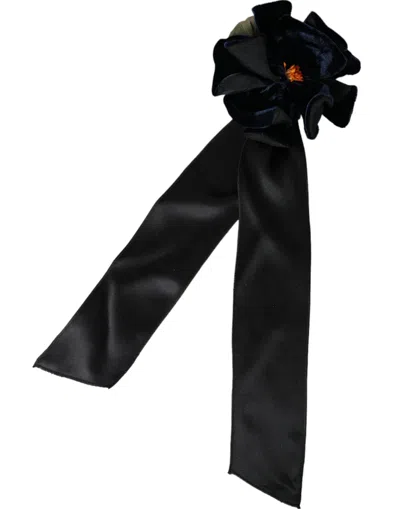 Dolce & Gabbana Black Silk Gold Brass Floral Hair Pin Brooch In Black