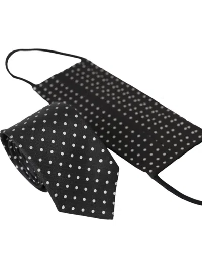 Dolce & Gabbana Black White Polka Dots 100% Silk Necktie Face Mask In Black