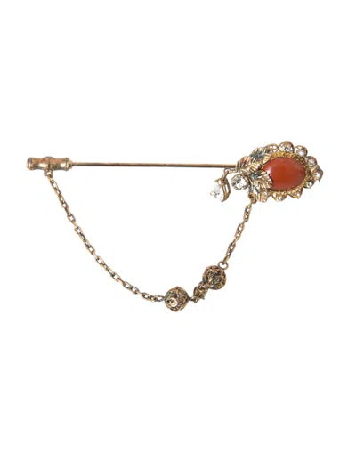 Dolce & Gabbana Gold Brass Crystal Chain 925 Sterling Silver Pin Brooch In Gold