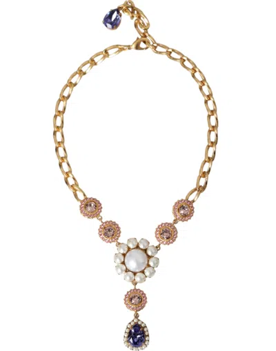 Dolce & Gabbana Gold Brass Crystal Purple Pink Pearl Pendants Necklace In Pink