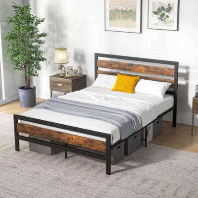 Hivvago Full/queen Industrial Bed Frame With Rustic Headboard And Footboard-full Size