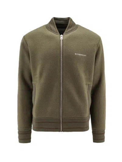 Givenchy Green Sweatshirt With Bomber Collar And 4g Logo In Wool Man In Green