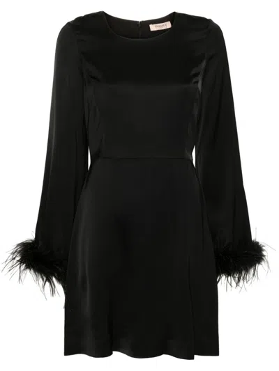 Shop Twinset Black Crewneck Dress With Feathered Cuffs In Viscose Woman