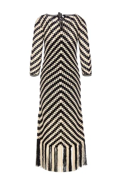 Zimmermann Midi Black And White Dress With Chevron Motif In Crochet Woman In Multicolor