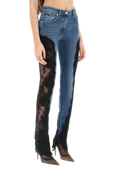 Shop Dolce & Gabbana Slim Fit Jeans With Lace Inserts In Blue