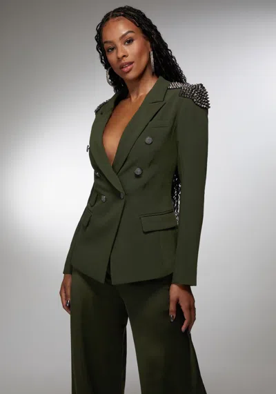 Bebe X Ciara Studded Shoulder Double Breast Tailored Blazer In Olive