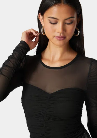 Bebe Sweetheart Neckline Shirred Mesh Bodysuit In Black