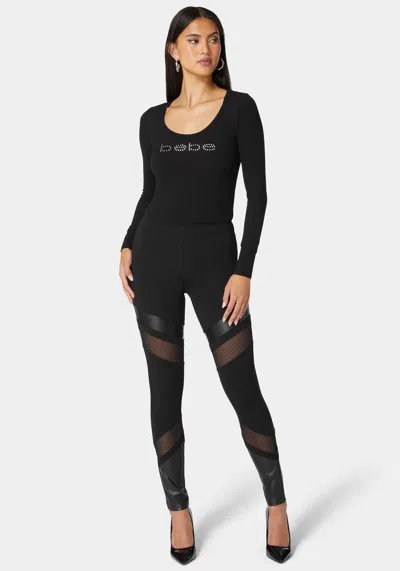 Bebe Natural Waist Swiss Dot & Vegan Leather Insert Pdr Legging In Black
